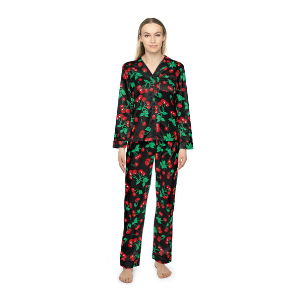 Pin Up Girl Pajama Game In Black Cherry Girl Satin 2 Piece Button Up PJ Set | Pinup Couture Relaxed