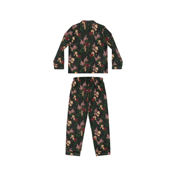Pin Up Girl Pajama Game In Dark Bella Roses Satin 2 Piece Button Up PJ Set | Pinup Couture Relaxed