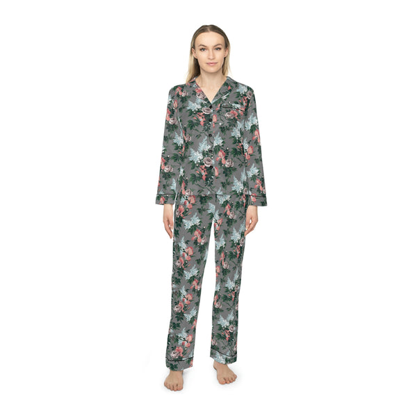Pin Up Girl Pajama Game In J'adore Bella Roses Satin 2 Piece Button Up PJ Set | Pinup Couture Relaxed