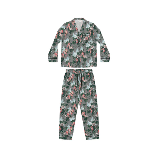 pin up girl Pajama Game in J'adore Bella Roses Satin 2 Piece Button Up PJ Set | Pinup Couture Relaxed pin up girl Pajama Game in J'adore Bella Roses Satin 2 Piece Button Up PJ Set | Pinup Couture Relaxed