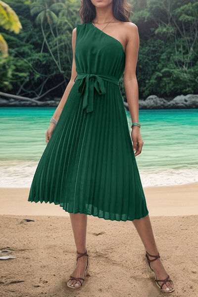 pin up girl Pam Pleated Single Shoulder Tie Waist Midi Dress in Green pin up girl Pam Pleated Single Shoulder Tie Waist Midi Dress in Green