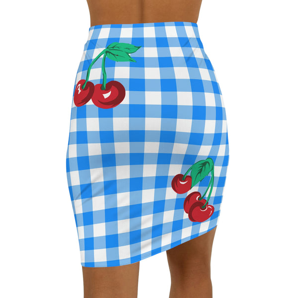 Pin Up Girl Paris 90's Vintage Stretch Mini Skirt In Blue Gingham Cherry Print | Pinup Couture
