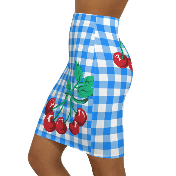 Pin Up Girl Paris 90's Vintage Stretch Mini Skirt In Blue Gingham Cherry Print | Pinup Couture