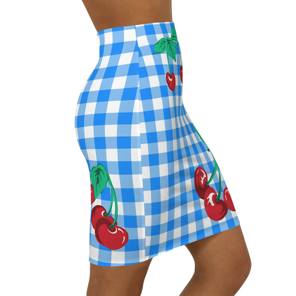 Pin Up Girl Paris 90's Vintage Stretch Mini Skirt In Blue Gingham Cherry Print | Pinup Couture