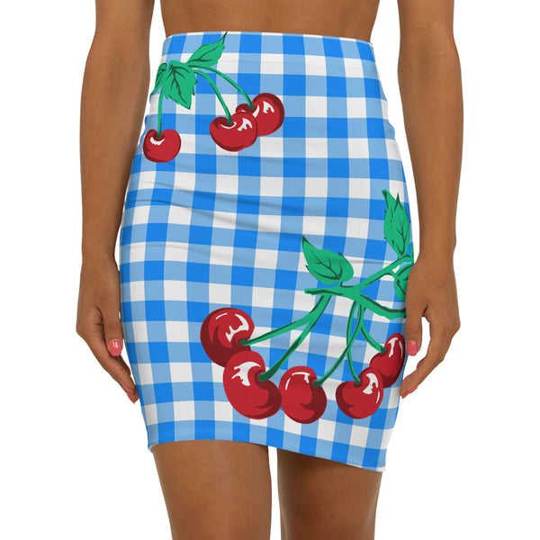 pin up girl Paris 90's Vintage Stretch Mini Skirt in Blue Gingham Cherry Print | Pinup Couture pin up girl Paris 90's Vintage Stretch Mini Skirt in Blue Gingham Cherry Print | Pinup Couture