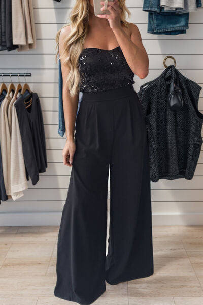 Pin Up Girl Pearl Sequin Tube Wide Leg Jumpsuit In Badass Black