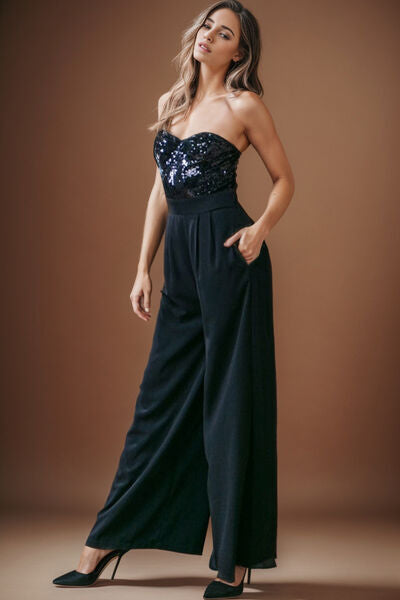 pin up girl Pearl Sequin Tube Wide Leg Jumpsuit in Badass Black