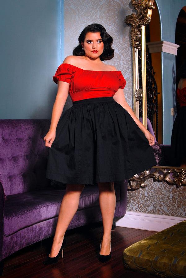 Pin Up Girl Petite Bella Vintage Gathered Swing Skirt In Solid Black Sateen | Pinup Couture