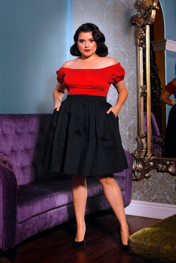 pin up girl Petite Bella Vintage Gathered Swing Skirt in Solid Black Sateen | Pinup Couture