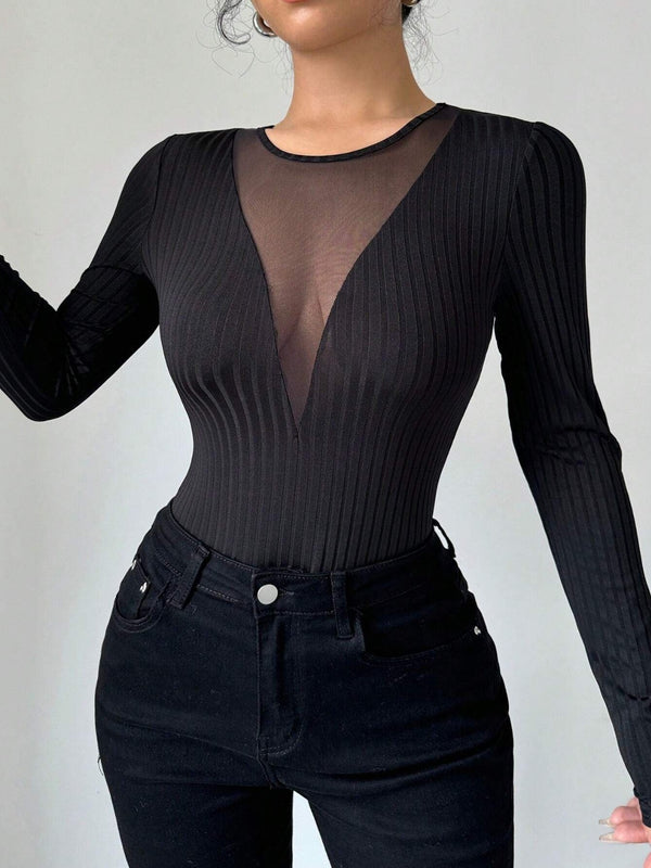 pin up girl Mesh Illusion Ribbed Knit Top | Poundton