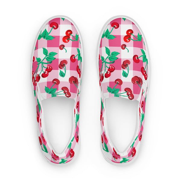 Pin Up Girl Pink Gingham Cherry Girl Women’s Canvas Slip-on Deck Shoes | Pinup Couture Relaxed