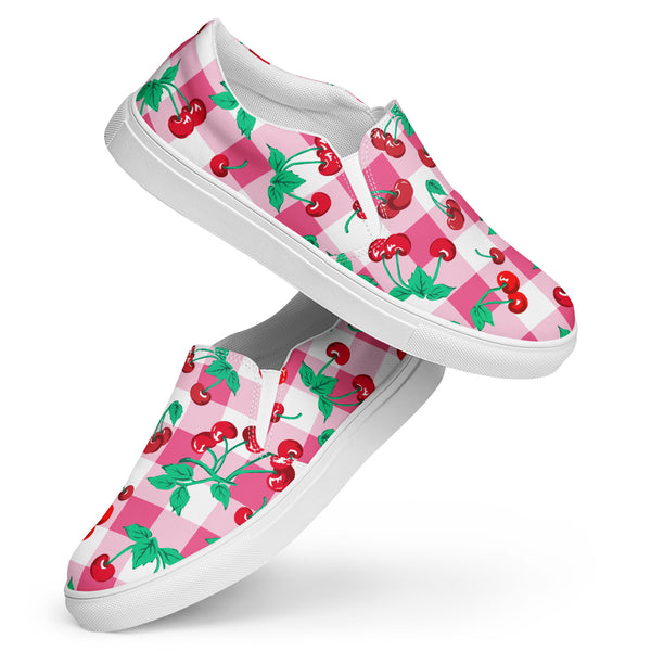 pin up girl Pink Gingham Cherry Girl Women’s Canvas Slip-on Deck Shoes | Pinup Couture Relaxed