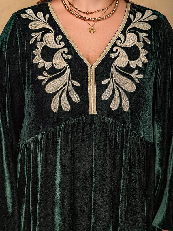 Pin Up Girl Plus Size Embroidered V-Neck Long Sleeve Dress | Poundton