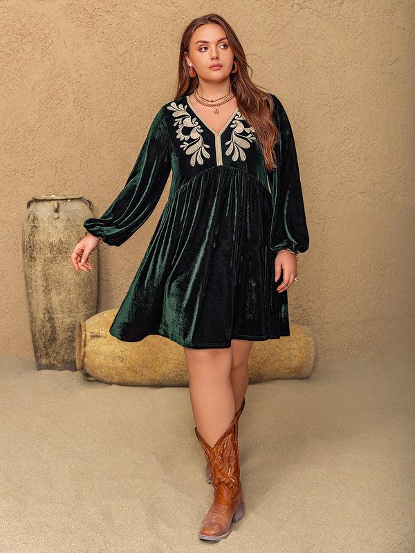 Pin Up Girl Plus Size Embroidered V-Neck Long Sleeve Dress | Poundton