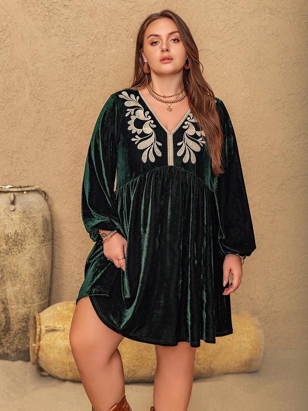 pin up girl Plus Size Embroidered V-Neck Long Sleeve Dress | Poundton