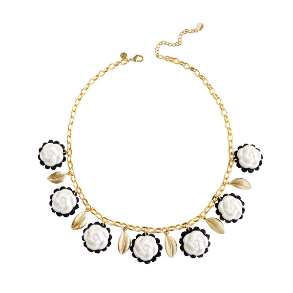 pin up girl Porcelain Camellias and Golden Leaves Necklace | Poporcelain