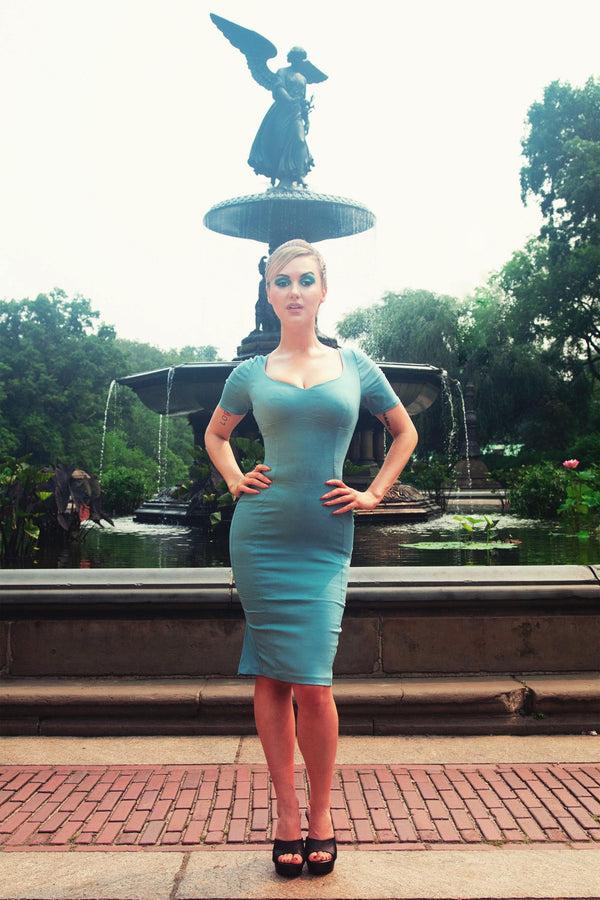 pin up girl Priscilla 60s Wiggle Dress in Sky Blue Stretch Bengaline | Pinup Couture