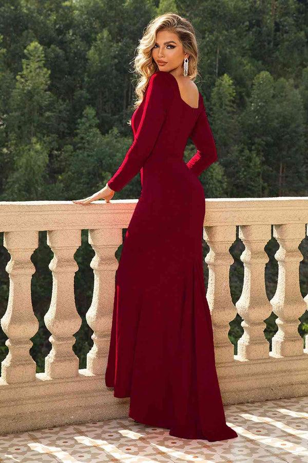 Pin Up Girl Rosalina Square Neck Long Sleeve Evening Gown In Burgundy Or Black | Poundton