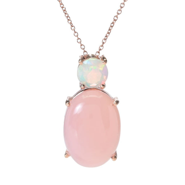 Pin Up Girl Rose Gold Plated 18x13mm Oval Pink Chalcedony & Ethiopian Opal Pendant W/ Chain