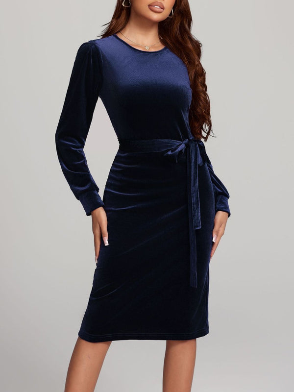 pin up girl Round Neck Tie Waist Long Sleeve Velvet Dress | 4 Colors | Poundton