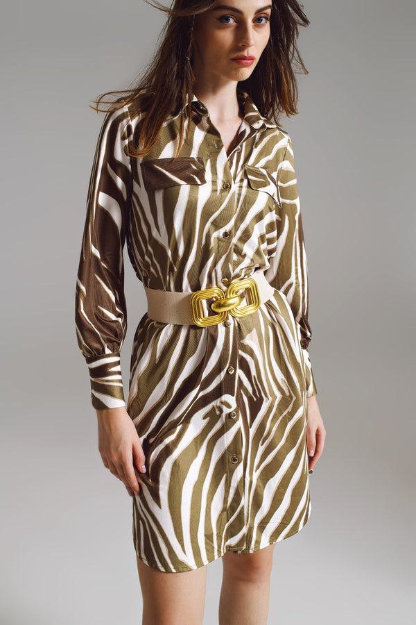 Pin Up Girl Safari 60s Mini Shirt Dress In White And Olive Green Zebra Print | Q2