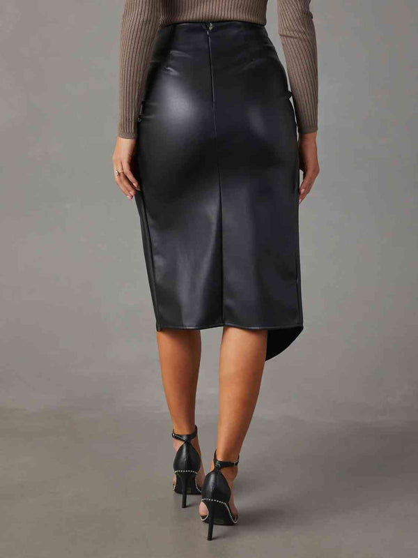 Pin Up Girl Sandra Twist Detail Faux Stretch Leather High Waist Skirt | 2 Colors | Poundton