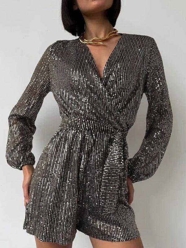 Pin Up Girl Sequin Surplice Tie Waist Long Sleeve Romper | 7 Colors | Poundton