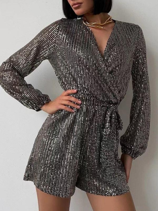 pin up girl Sequin Surplice Tie Waist Long Sleeve Romper | 7 Colors | Poundton