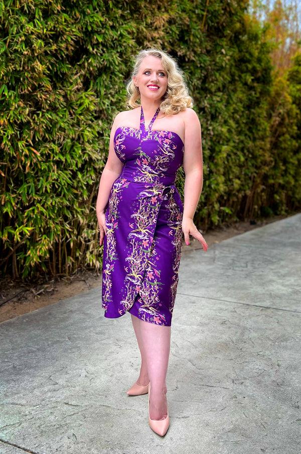 pin up girl Serena Wiggle Dress in Purple Under The Sea Print on Crepe | Laura Byrnes & Hope Johnstun