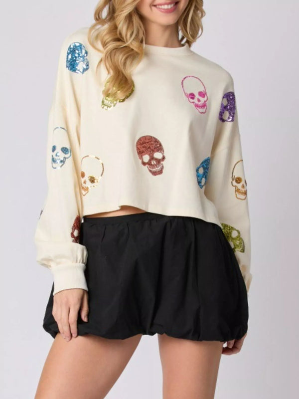 Pin Up Girl Skull Candy Cropped Sequin Sweatshirt | 2 Colors | Poundton