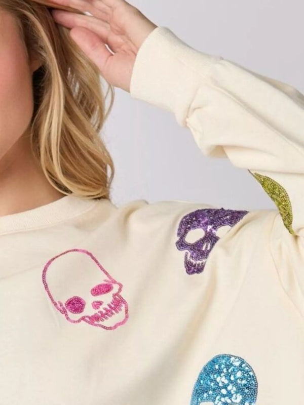 Pin Up Girl Skull Candy Cropped Sequin Sweatshirt | 2 Colors | Poundton