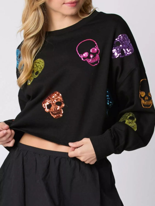 Pin Up Girl Skull Candy Cropped Sequin Sweatshirt | 2 Colors | Poundton