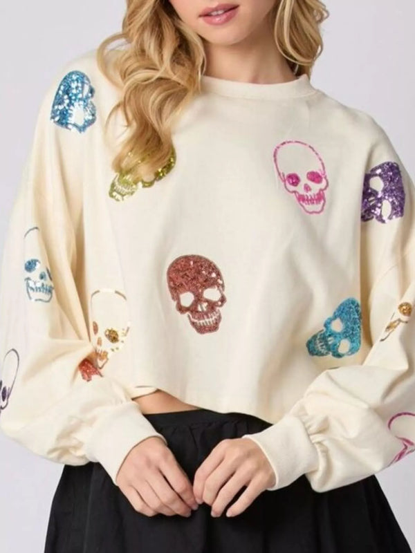 pin up girl Skull Candy Cropped Sequin Sweatshirt | 2 Colors | Poundton