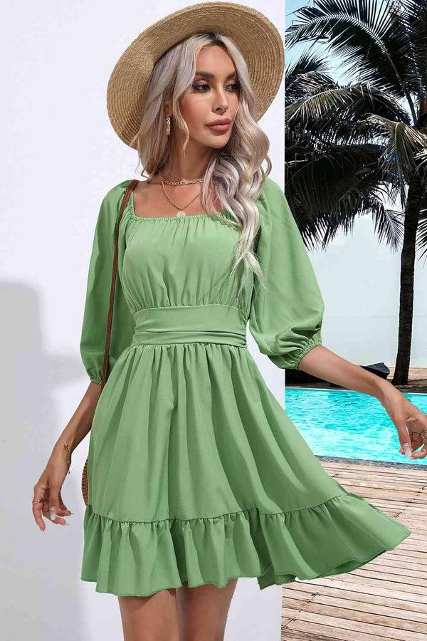 Pin Up Girl Sofia Square Neck Tie Back Ruffle Hem Mini Peasant Dress | 5 Colors | Poundton