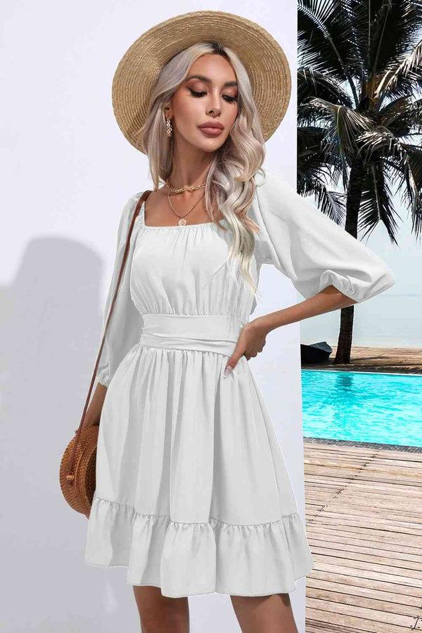 Pin Up Girl Sofia Square Neck Tie Back Ruffle Hem Mini Peasant Dress | 5 Colors | Poundton