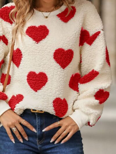 Pin Up Girl Soft Hearts Dropped Shoulder Heart Print Fuzzy Sweatshirt | 3 Colors | Poundton