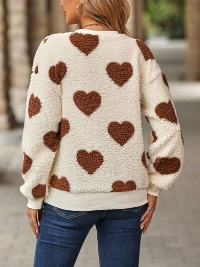 Pin Up Girl Soft Hearts Dropped Shoulder Heart Print Fuzzy Sweatshirt | 3 Colors | Poundton