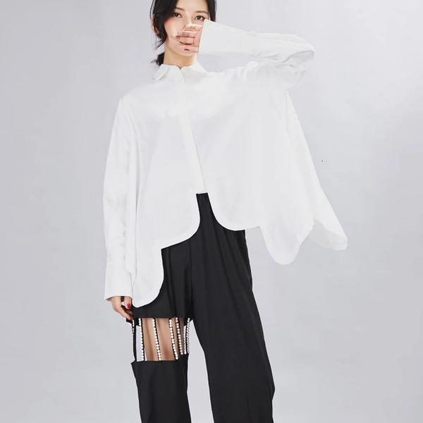 Pin Up Girl Sonoya Irregular Tulip Hem Oversized Shirt In White Cotton | Marigold Shadows