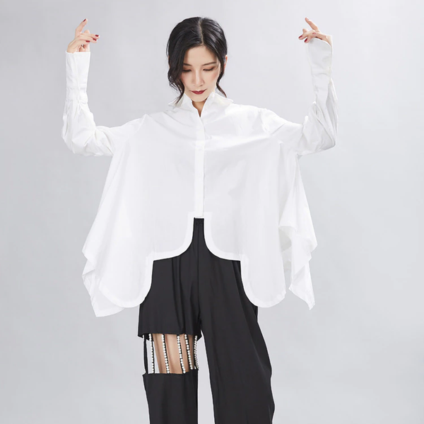 Pin Up Girl Sonoya Irregular Tulip Hem Oversized Shirt In White Cotton | Marigold Shadows
