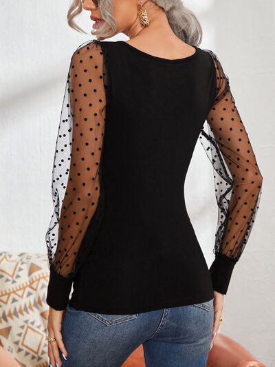 Pin Up Girl Square Neck Polka Dot Long Sleeve T-Shirt