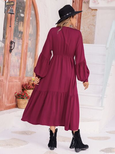 Pin Up Girl Stacey V-Neck Lantern Sleeve Ruffle Hem Dress In Wine Red