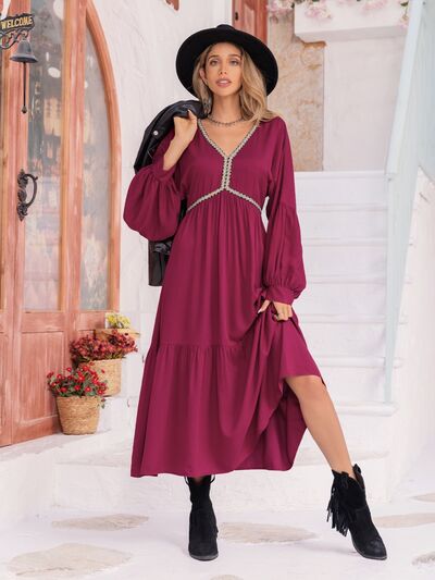 pin up girl Stacey V-Neck Lantern Sleeve Ruffle Hem Dress in Wine Red pin up girl Stacey V-Neck Lantern Sleeve Ruffle Hem Dress in Wine Red