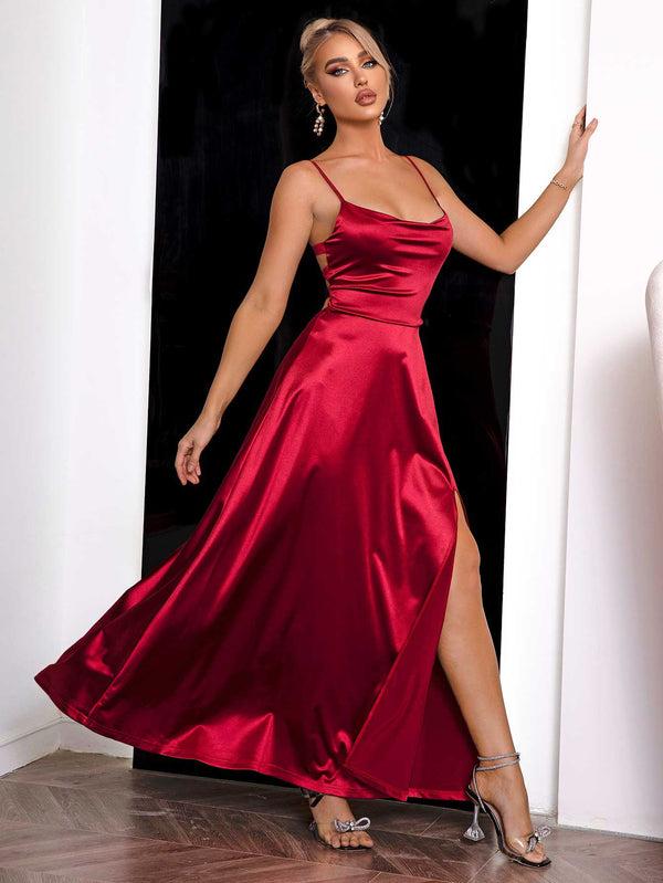Pin Up Girl Syrah 80's Vintage Stretch Satin Strappy Gown In Wine
