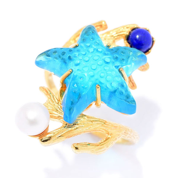 Pin Up Girl Tagliamonte 18K Gold Plated Starfish Cameo Cultured Pearl & Lapis Ring