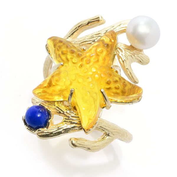 pin up girl Tagliamonte 18K Gold Plated Starfish Cameo Cultured Pearl & Lapis Ring