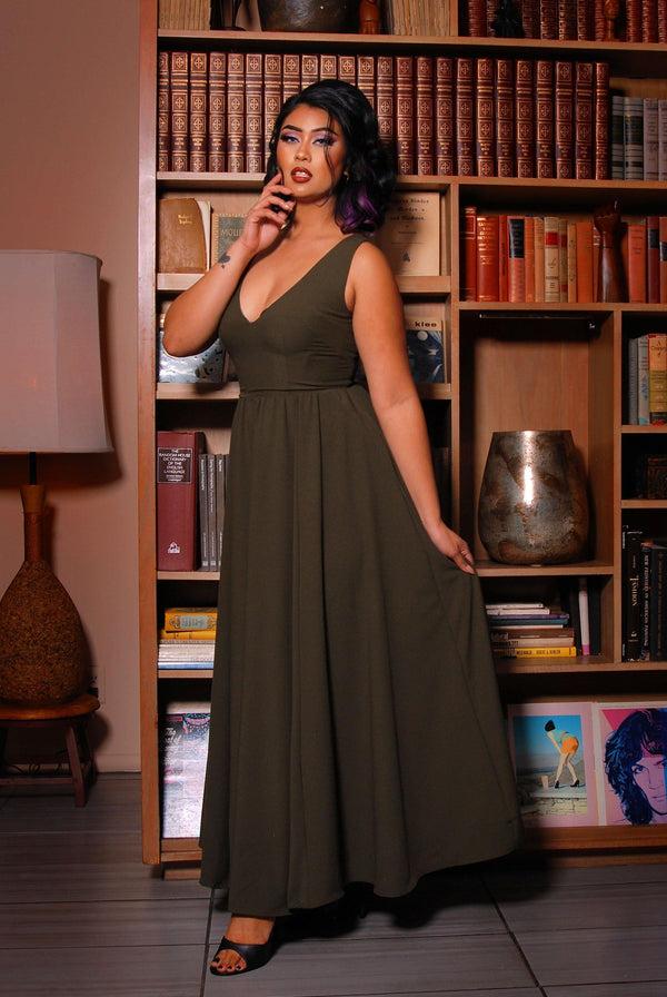 pin up girl Tara Deep V-Neck 70s Maxi Dress in Solid Olive Stretch Crepe | Laura Byrnes