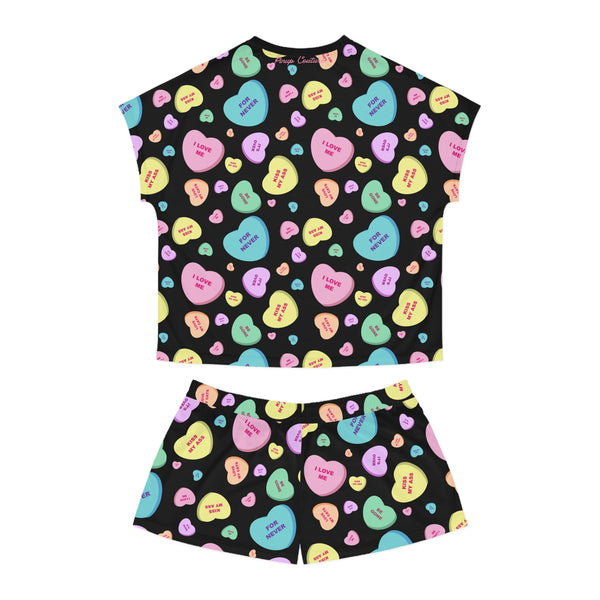 Pin Up Girl TGIF Sleepover PJs In Black Bitter Candy Hearts Tee & Pajama Shorts-Set | Pinup Couture Relaxed
