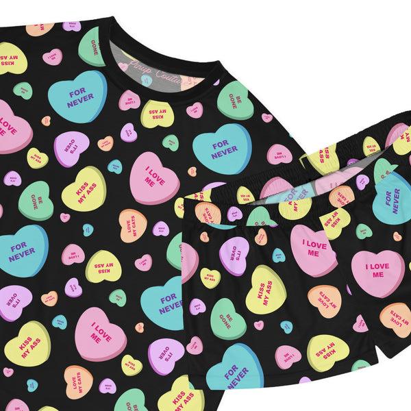 Pin Up Girl TGIF Sleepover PJs In Black Bitter Candy Hearts Tee & Pajama Shorts-Set | Pinup Couture Relaxed