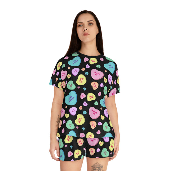 Pin Up Girl TGIF Sleepover PJs In Black Bitter Candy Hearts Tee & Pajama Shorts-Set | Pinup Couture Relaxed