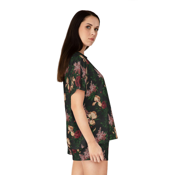 Pin Up Girl TGIF Sleepover PJs In Dark Bella Roses Tee & Pajama Shorts-Set | Pinup Couture Relaxed